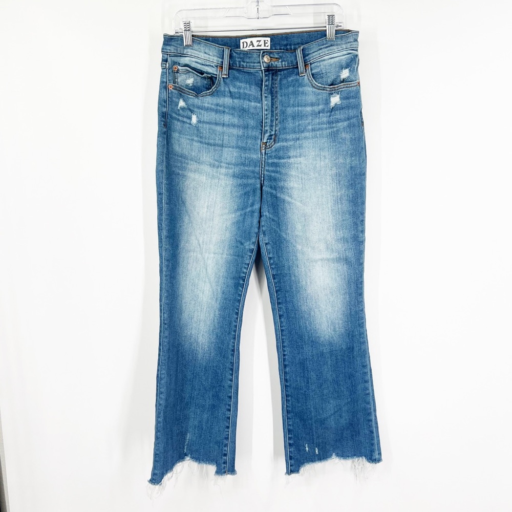 DAZE Shy Girl High Rise Crop Flare Jeans Raw Hem